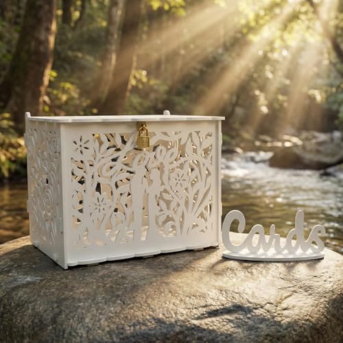 Jolik Bride and Groom Wedding Card Box with Sign, Large Rustic Locking Money Box Holder for Wedding Reception, Gift Card & Envelope Storage, DIY Anniversary & Birthday Party Decoration