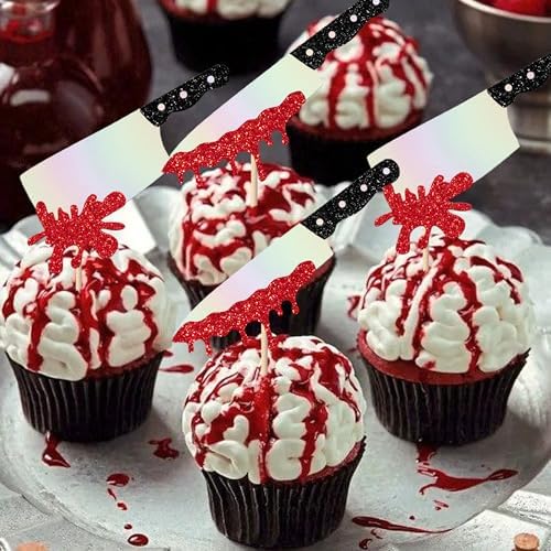Rsstarxi 24 Pack Halloween Knife Cupcake Toppers Blood Knife Have a Killer Birthday Cupcake Picks Decorations for Horror Theme Birthday Halloween Party Cake Decorations