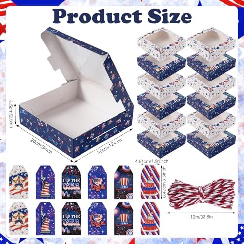 FCKLVMC 12 Pcs 7 X 7 In 4th Of July Treat Boxes with Window, Fourth Of July Gift Goodie Boxs with Card for Veterans Day Memorial Usa National Patriotic Day Party