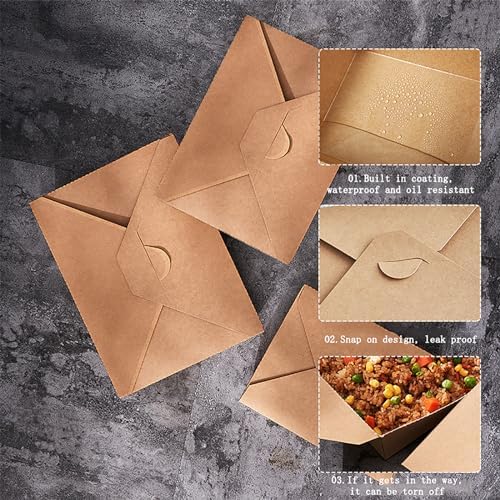 50 Pack 47 oz Large Takeout Food Container, Heavy-duty Microwave Kraft Paper Takeout Box, Leak Proof and Oil Resistant Paper Lunch Box, Cardboard takeout box for Restaurants, Homes, and Gatherings