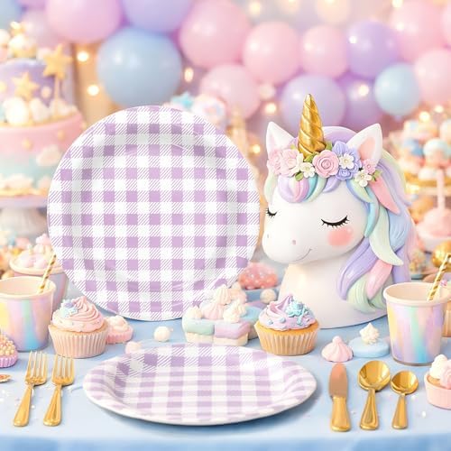 Vyntra 50 Pcs Lavender Gingham 7 Inch Round Paper Dessert Plates