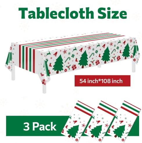 Childom 3 Pack Christmas Tablecloth,Christmas Decorations 54"x108" Disposable Plastic Table Cover for Rectangular Tables,Xmas Tree Table Cloth for Home,Dinner,Indoor,Holiday,Birthday Party Supplies