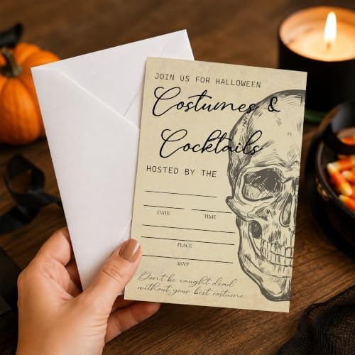 Halloween Party Invitations With Envelopes - Retro Skulls, Costume & Cocktails - 20 Invitations With Matching Envelopes - Costume Party, Scary, Spooky Invite Cards For Adults, Party Supplies - A09