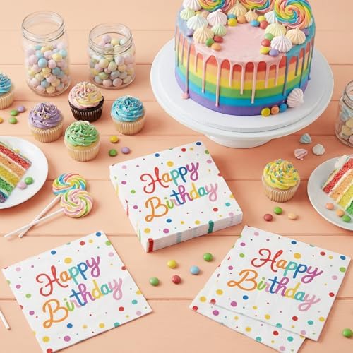 Natnarr 50 Pk Happy Birthday Napkins, 6.5" Rainbow Birthday Cocktail Napkin