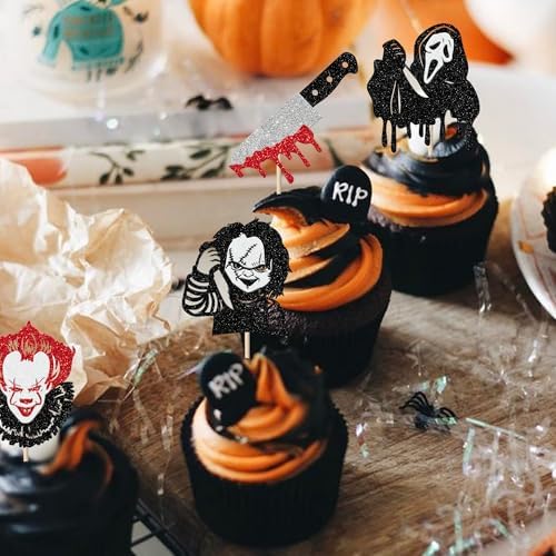 24 Pack Halloween Cupcake Toppers Glitter Scary Killer Cupcake Picks Knife Bloody Happy Halloween Theme Kids Birthday Cake Decorations Party Supplies