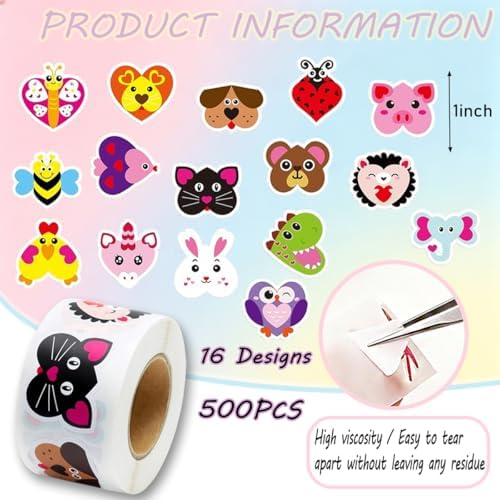 500PCS Stickers 16 Styles Animals Sticker Rolls Adorable Cartoon Stickers 1in Self-Adhesive Waterproof Vinyl Sticker Decor for Birthday Party Envelopes Scrapbook Decorations