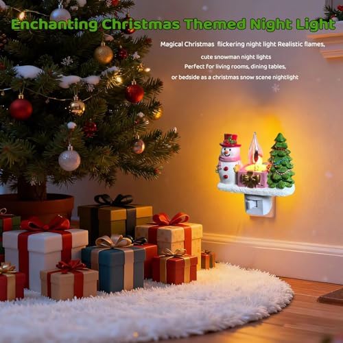 Snowman Christmas Tree Plug-in Night Light,Flickering Campfire Figurine Lam
