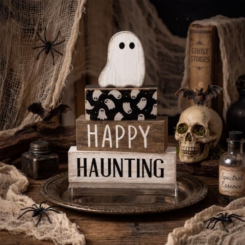 Lineshading 4 Pcs Halloween Table Decor for Home, Wooden Ghost Block Sign