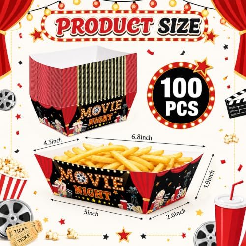 100 Pcs Black Red Movie Night Paper Food Trays, Pre-Folded Disposable Snack Boats for Popcorn, Candy, Fries, Nachos, Snacks, Cinema Party Supplies, Home Theater Serving Trays