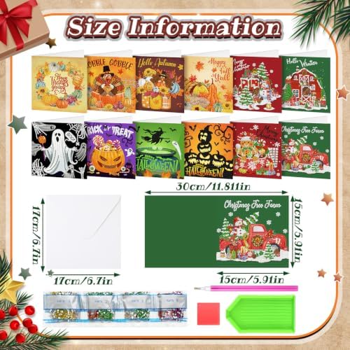 Saillong 12 Pack Fall Diamond Painting Greeting Cards Kits DIY Holiday Diamond Art Cards with Envelopes Halloween Christmas 5D Rhinestones Painting Making Kit for Adult DIY Crafts Party Favors Gifts