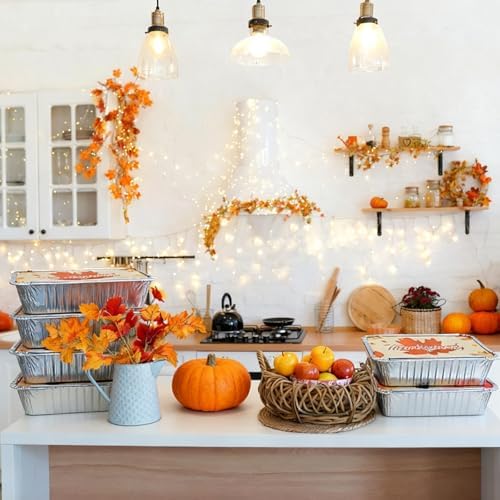 Thanksgiving 8x6 Disposable Aluminum Foil Pans with Lids 40 Pack, Turkey Pumpkins Maple Leaf Small Cake Pans, Food Containers for Baking, Cooking, Roasting, Heating or Steam Table