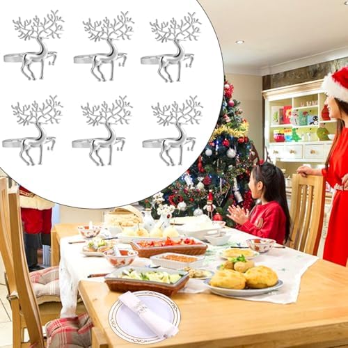 Silver Deer Christmas Napkin Rings Set of 6, Metal Xmas Elk Napkin Holders, Winter Wedding Dinner Table Decorations Christmas Ornaments