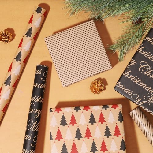 LaRibbons Kraft Christmas Wrapping Paper Set, Elegant Gift Wrap with Trees, Stripes & Merry Christmas, Black & Brown Holiday Paper with Cutlines for Xmas, Party Gifts, 17 inch x 10 ft -3 Rolls