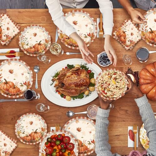 96 Pieces Fall Pumpkin Plates and Napkins, Autumn Thanksgiving Theme Maple Leaf Disposable Tableware with Paper Plates Napkins and Forks for Autumn Harves Thanksgiving Party Supplies - Serves 24