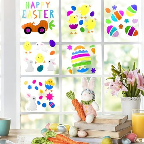 6 Sheets Easter Window Clings Gel, Easter Window Stickers for Glass