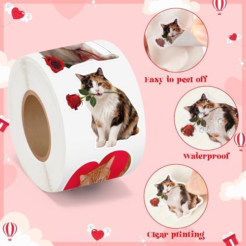 H1vojoxo Valentine’s Day Sticker Rolls - 1000PCS Valentine’s Day Holiday Cat Stickers for Kids Classroom 16 Design Valentines Cute Cat Sticker for Craft Valentines Funny Cats Stickers for Envelope