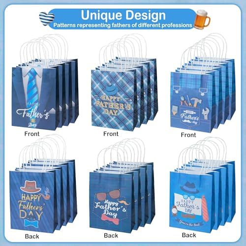 24 Pcs Fathers Day Gift Bags with Handles, 3 Unique Exquisite Designs, Bulk Decorative Daddy Gift Bags for Father's Day Party Favors Gift Wrapping Candy Packaging Holiday Celebration Supplies