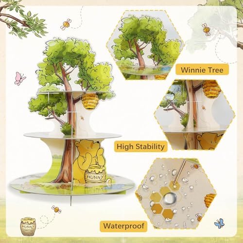Winnie Cupcake Stand, 3-Tier Cardboard Cupcake Holder for Classic Winnie Bear Baby Shower Birthday Cupcake Decorations