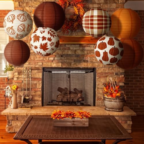 Bencailor 16 Pcs Fall Paper Lanterns Thanksgiving Orange Pumpkin Party Paper Lanterns Round Thankful Maple Leaves Hanging Party Decorations for Autumn Harvest Outdoor Decor (Cut,Warm)