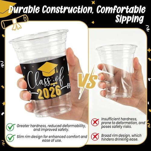100 Pack 16oz Black Graduation Decorations Cups, Class of 2026 Disposable Plastic Cups, Sturdy & Durable Tableware for High School College Grad Party Decorations Supplies