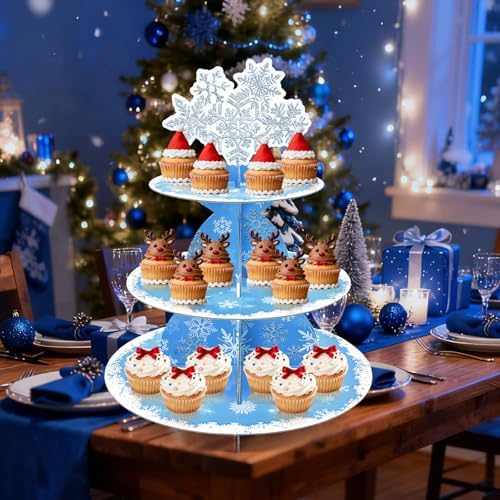Gistome 3-Tier Snowflake Cupcake Stand – Winter Wonderland Dessert Display Holder for Christmas Party Table, Frozen-Themed Birthdays, and Holiday Decorations