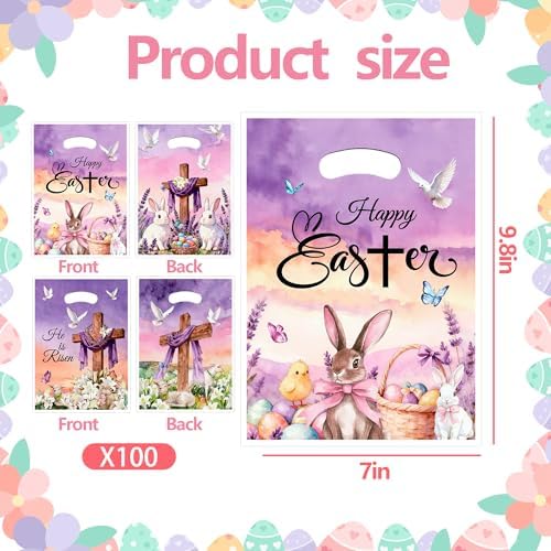 EUVBOKW 100 Pcs Easter Plastic Treat Bags Bulk,He is Risen Christian Goodie Bags and Bunny Party Favor Bags with Handles for Easter Egg Hunt, Church and Gift Wrapping