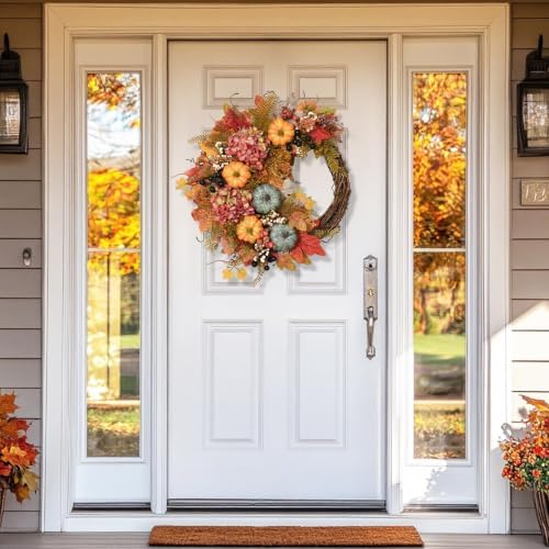 Fall Wreaths for Front Door, Artificial Pumpkin Hydrangea Autumn Wreath