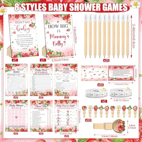 Funnymoom 426 Pcs Strawberry Baby Shower Games Set, 8 Games with Bingo