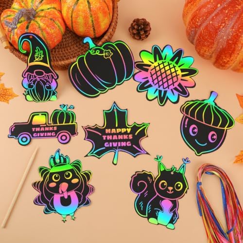 JULMELON 36Pcs Fall Thanksgiving Scratch Art for Kids, Magic Rainbow Paper