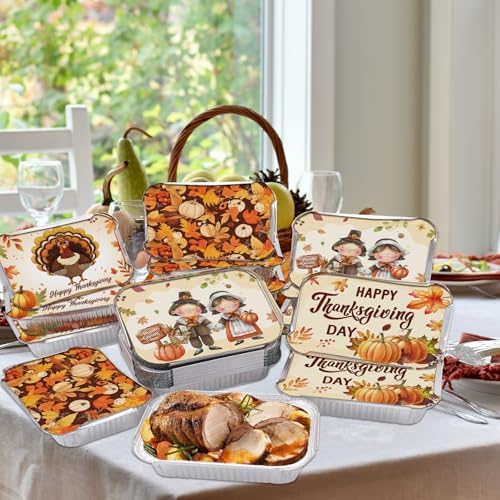GREHUMOR 36Pcs Thanksgiving Leftover Containers with Lids, Fall Festive To Go Food Containers, Thanksgiving Tin Foil Containers Thanksgiving Foil Food Pan for Thanksgiving Party Disposable Containers
