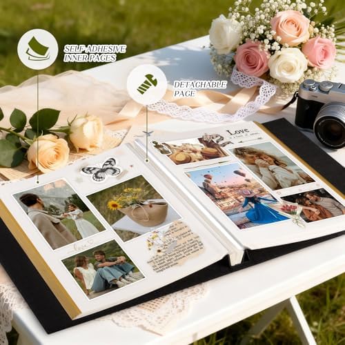 Lanpn Couples Scrapbook Photo Album - The Story of Us, Linen Wedding Anniversary Self Adheisve Picture Book holds 4x6 5x7 A5 Photo for Love Newlywed Valentine's Day (Large 40 Sheets/80 Pages, Green)
