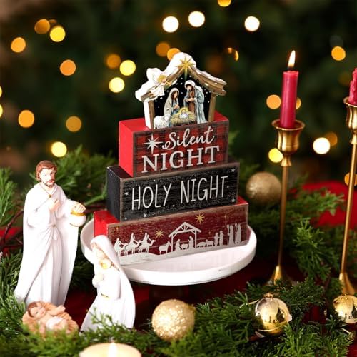 Moucuny 4 Pcs Christmas Table Decor, Wooden Nativity Scene Holy Night Signs