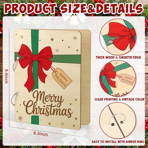 Wooden Christmas Card Keeper Binder Merry Christmas Greeting Card Holder with Rings Xmas Holiday Post Cards Organizer Wood Memories Book for Storage Keepsake Album Photo Notes Gift Winter Past Notes