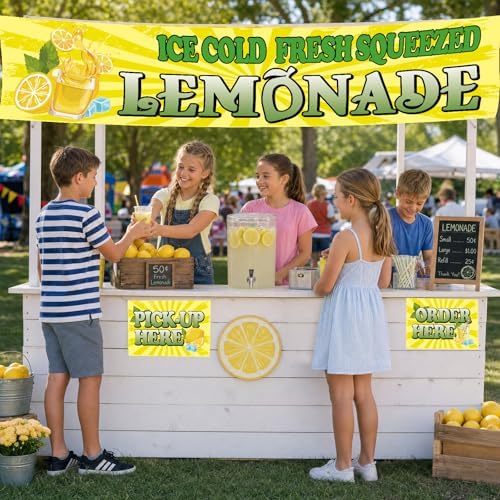 Fresh Lemonade Banner, Ice Cold Fresh Squeezed Lemonade Stand Banner, Summer Banner Order Here Pick up Here Signs for Indoor Outdoor Restaurant Truck Decorations
