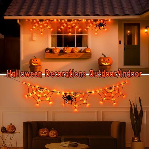 Halloween Decorations Spider Web Lights 6FT 60LED Battery Operated/USB Powered with Black Spider with Timer 8 Modes Indoor Outdoor for Halloween Decor, Orange