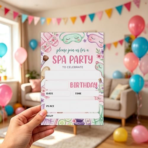 Spa Party Birthday Invitation Girl, Pamper Double-Sided Fill In Style Invites with Envelopes for Birthday, Glam Party Invitation For Girls, Teens, Bday Party Favor & Decoration