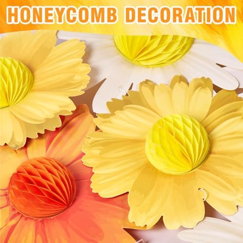 Paper Jazz 9pcs Daisy Paper Flower Decorations, White Yellow Orange Honeycomb Hanging Decor, Spring Party Celling Sign Boho Happy Birthday Supplies for Garden Classroom Baby Shower Birthday Party