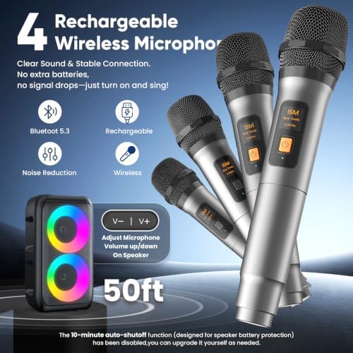 Karaoke Machine for Adults Kids, Bluetooth Speaker 4 Wireless Microphones