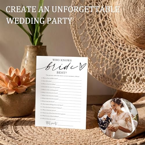 Fun Wedding Shower Games Cards Who Knows The Bride Best Engagement Party Wedding Game Bridal Shower Games 25 Guests Minimalist White Newlywed Party Supplies and Decorations - A05