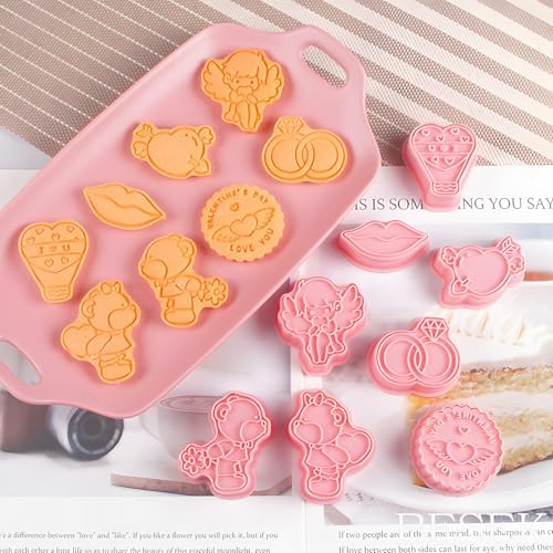 BESEK Valentine's Day Cookie Cutters: With Plunger Stamps Set, 8pcs 3D Embossing Cutters For Biscuit Fondant Cheese Baking Molds