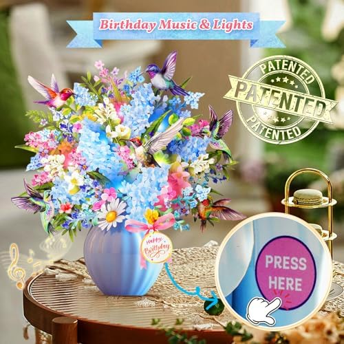 APOTODITO Birthday Card, Hummingbird Birthday Card with Music and Lights, Flower Bouquet Card for Women Mom Wife