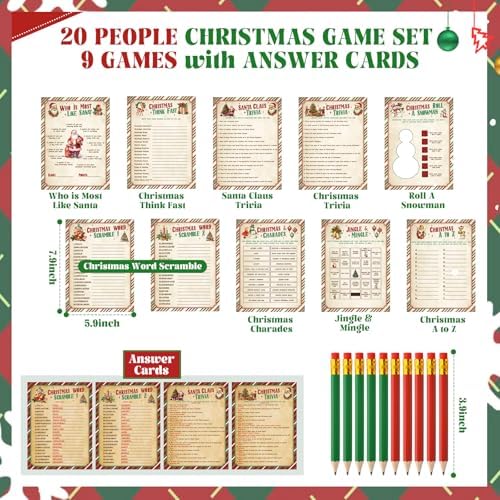 Lunmon 154 Pcs Christmas Games Set Fun Xmas Families Trivia Games Cards Inflatable Reindeer Antler Dice Ring Toss Pencils for Stocking Stuffers Gifts Holiday Birthday Party Activities Favors(Rustic)
