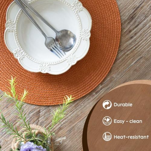 FunWheat Round Braided Placemats Set of 12 Place Mats for Dining Table Woven Washable Non-Slip Table Mats 15 Inch(Pumpkin Orange,12pcs)