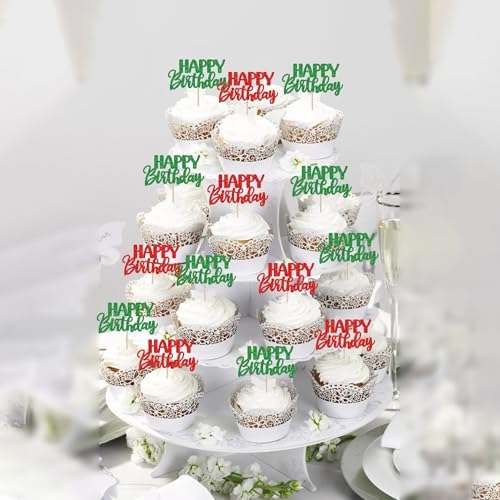 30 PCS Happy Birthday Cupcake Toppers Glitter Happy Birthday Cupcake Picks for Celebrating Anniversary Theme Christmas Party Cake Decorations Supplies Red Green