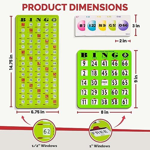 MR CHIPS Complete Bingo Game Set with Jam-Proof Shutter Cards – Easy Read Green Edition – 50 Reusable Large Print Bingo Cards with Sliding Windows, Master Board & Calling Cards – No Chips Needed