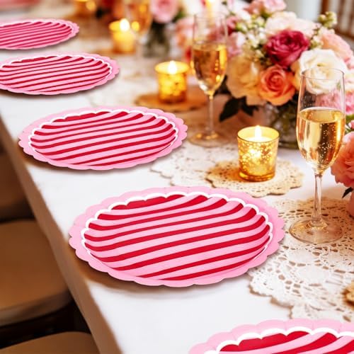 JarThenaAMCS 30Pcs Stripe Paper Plates 9 Inch Red Pink Scalloped Disposable Dinner Plate for Valentine's Day Wedding Summer Cherry Theme Party Table Decor