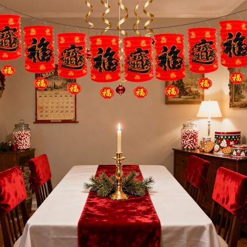 Chinese New Year Lanterns Decoration 2026, 6 Pcs Lunar New Year Red Fu Paper Lanterns, 6.2 x 11 Inches Lucky Fu Character Lantern Lunar Spring Festival Ceiling Hanging Decor for Home Restaurant Store