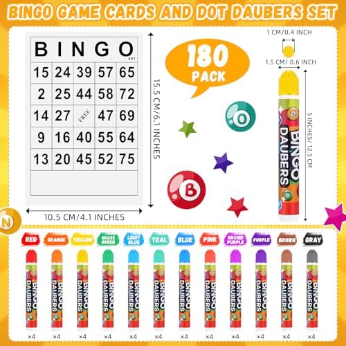 Crtiin 228 Pack Game Cards and Dot Daubers Set Includes 180 Bingo Cards and 48 Dot Markers Supplies Calling Card Set for Kids Preschool Children, Large Groups, Family Gathering Activity, Game Night