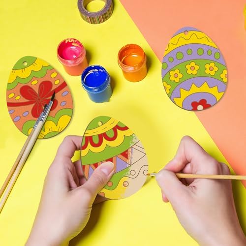 24PCS Wooden Egg Ornaments to Paint Easter Decoration Cutouts Unfinished 8 Different Patterns, DIY Blank Unfinished Wood Discs Ornament for Home Crafts Hanging Spring Decoration 3.5 inches