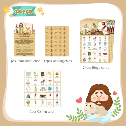 Bible Bingo Game, 38pcs Biblical Party Favors Set Including Bible School Bingo Cards for Religious Party Decorations Biblical Party Decorations